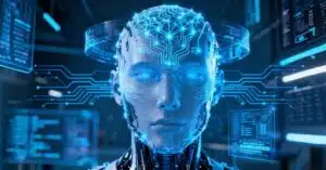 Futuristic artificial intelligence illustration with robot and digital networks