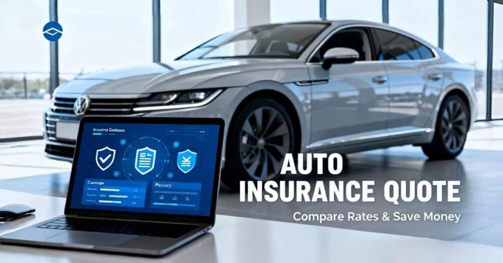 Driver comparing auto insurance quote options on laptop showing 2026 coverage rates and policy details by state