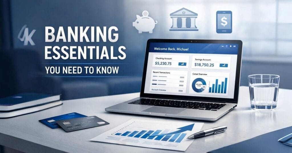Person managing banking accounts on laptop showing online banking dashboard with savings and checking accounts — 2026 guide