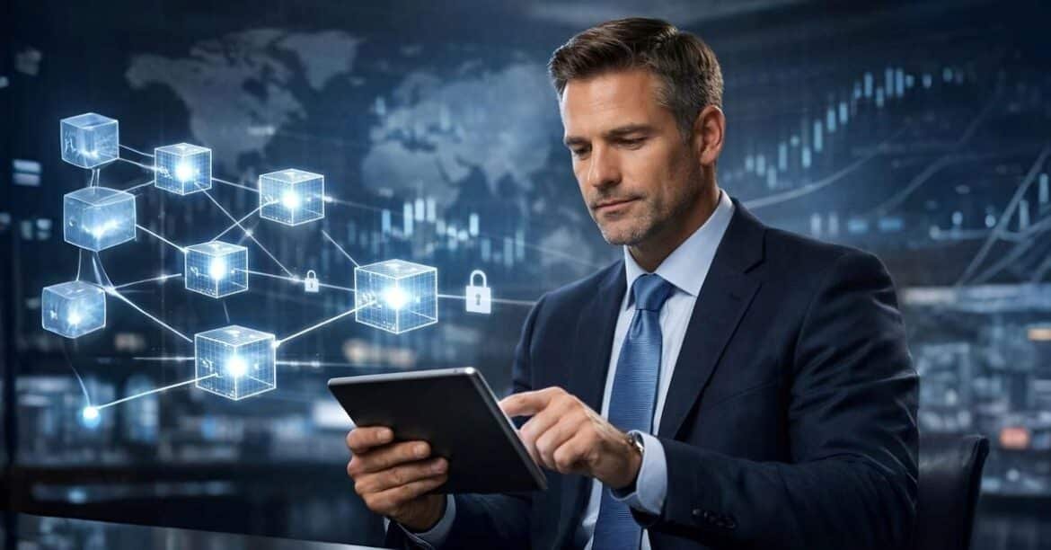 Blockchain technology visual showing secure digital ledger, financial systems, and decentralized network trust