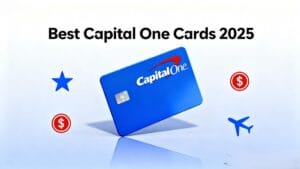 Capital One credit card illustration showing rewards and benefits