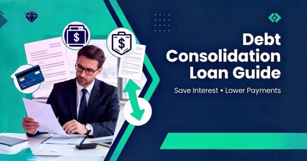 Financial advisor reviewing documents with icons of credit cards and loan forms, illustrating a debt consolidation loan guide.