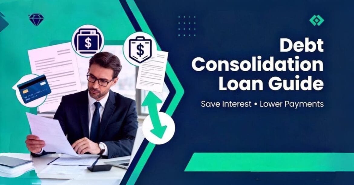 Financial advisor reviewing documents with icons of credit cards and loan forms, illustrating a debt consolidation loan guide.