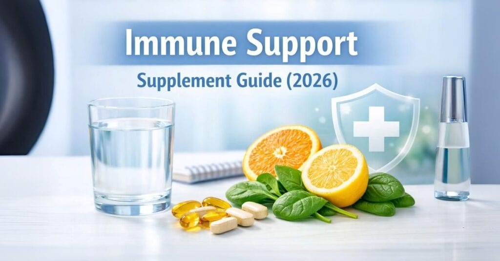 immune support supplement guide showing vitamins, healthy foods, and immune protection concept