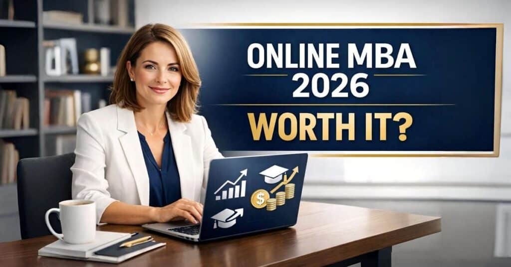 online mba in 2026 showing a professional evaluating career growth and financial return