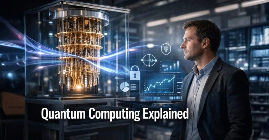 Quantum computing explained — IBM superconducting qubit processor showing quantum circuit array with 2026 breakthroughs visualization