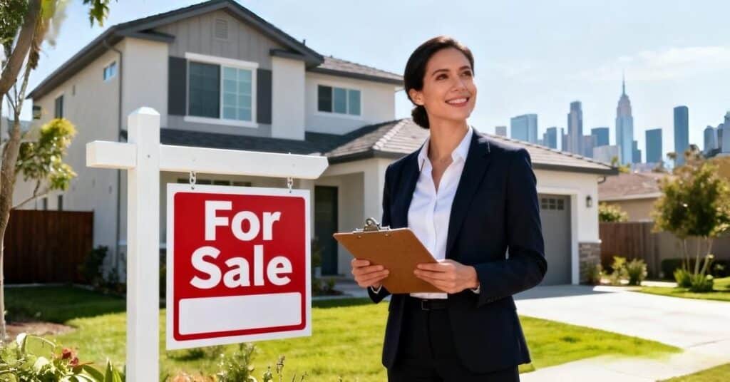 Professional real estate agent showing a modern home to buyers in 2026 US housing market — complete buying and investing guide