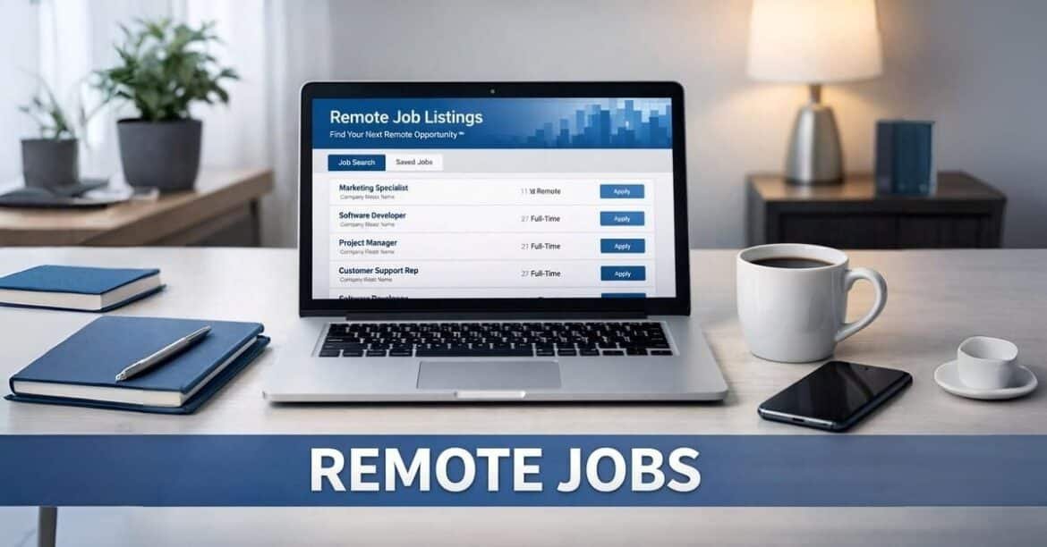 Remote jobs workspace showing a professional working from home on a laptop in a modern home office environment
