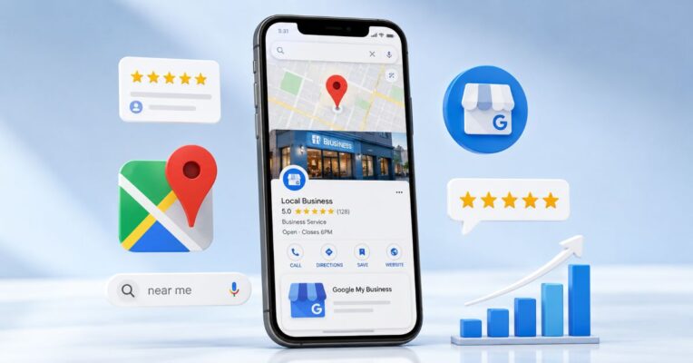 Google My Business SEO 2026 — local search optimization showing Google Maps 3-pack ranking, 5-star reviews and Business Profile on smartphone