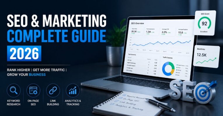 SEO Marketing Complete Guide 2026 featuring SEO analytics dashboard, keyword research, link building, on-page SEO, and website traffic growth strategies.