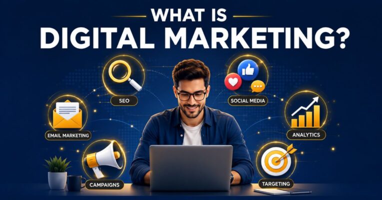 What is digital marketing — illustration of SEO, social media, email and analytics channels
