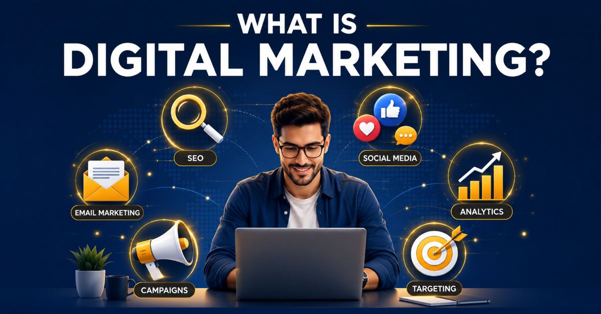 What is digital marketing — illustration of SEO, social media, email and analytics channels
